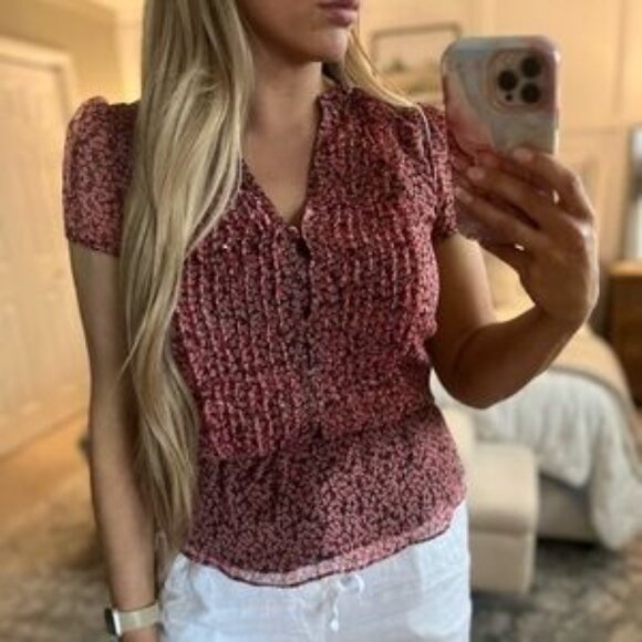 CeCe Pleated Peplum Hem Floral Blouse Womens Medium Puff Sleeve Sheer V-Neck - Picture 2 of 6